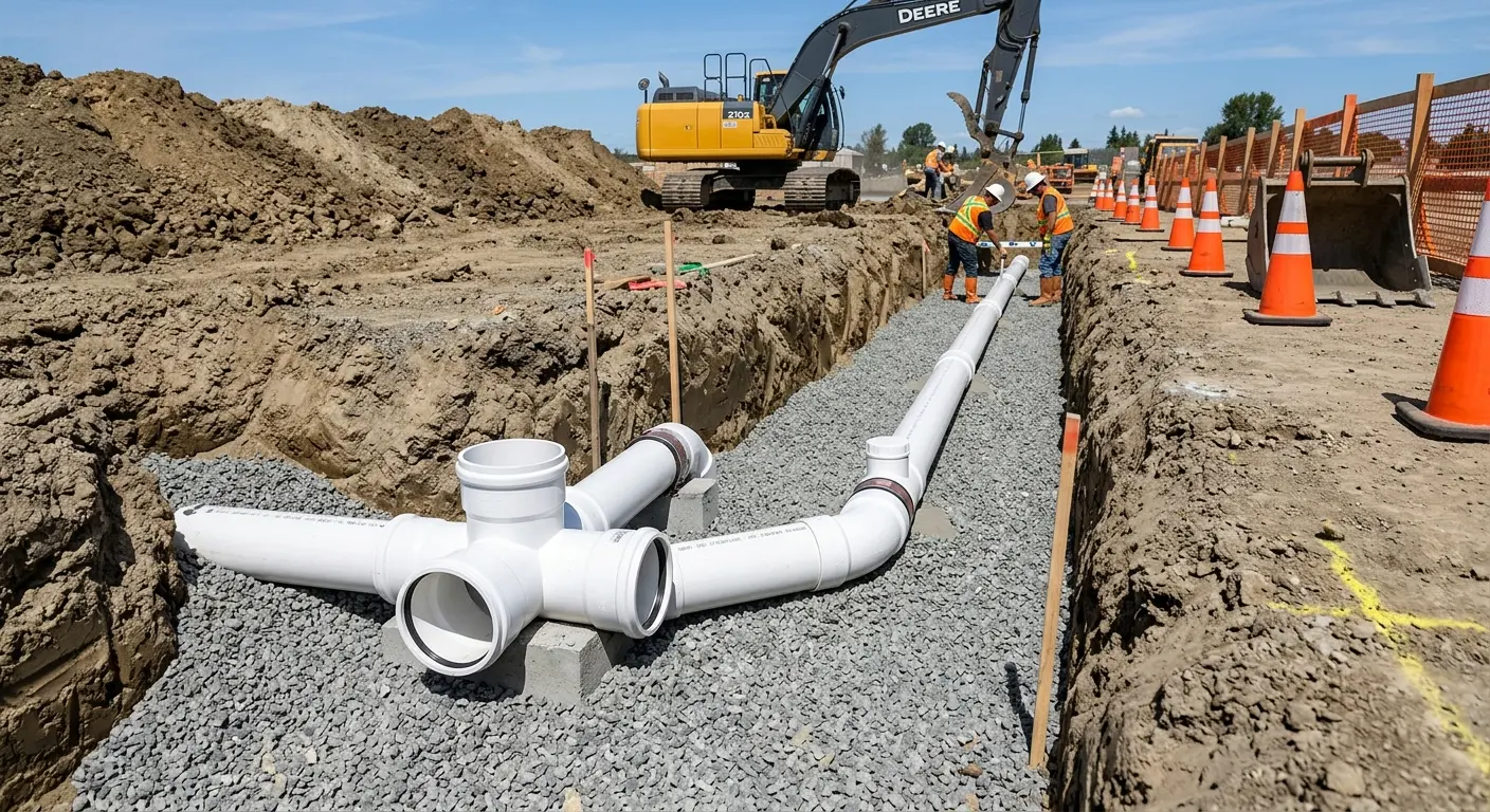 New PVC sewer pipe installation in open trench for Sewer Backup in Somerset