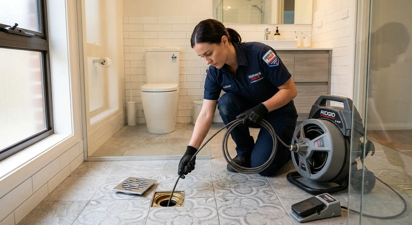 Technician clearing a bathroom floor drain for Drain Repair in Somerset